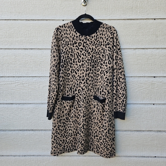 J. Crew mockneck sweater dress leopard print with pockets XL - Picture 1 of 6